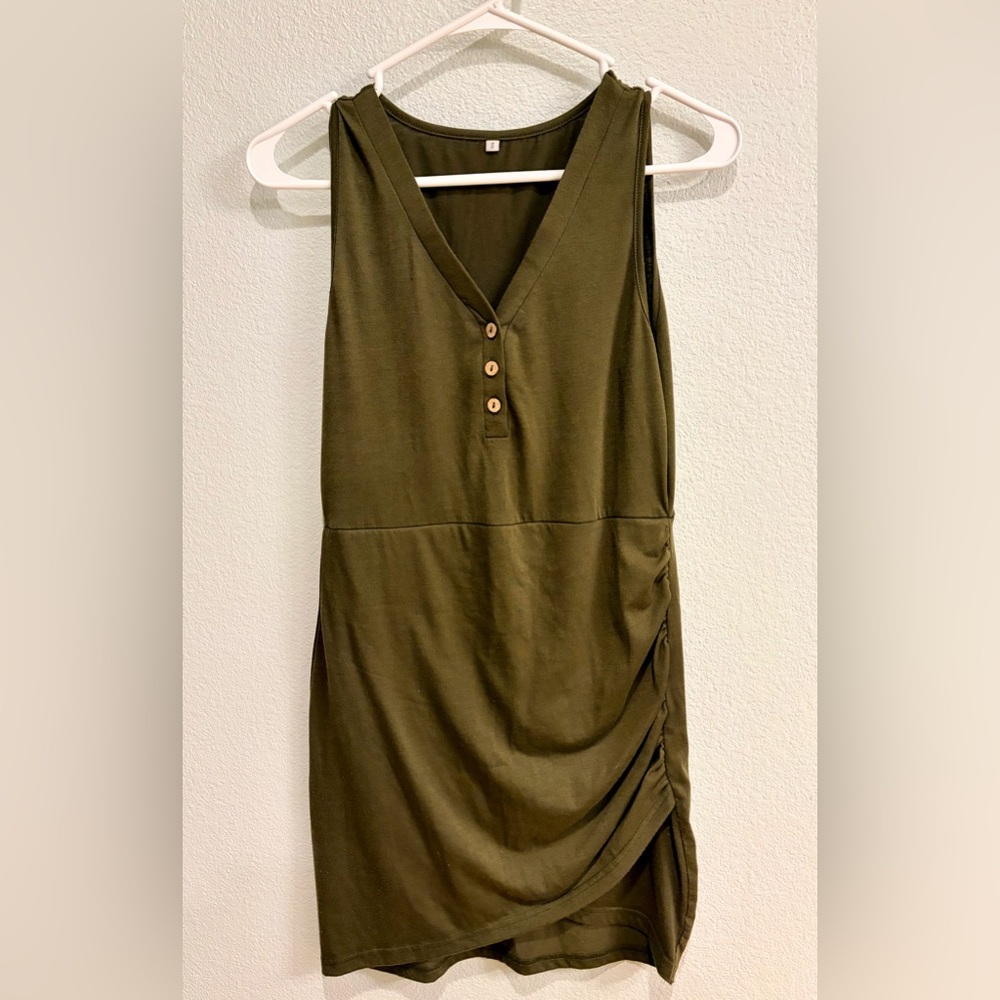 Olive Green Sleeveless Dress with Side Detail